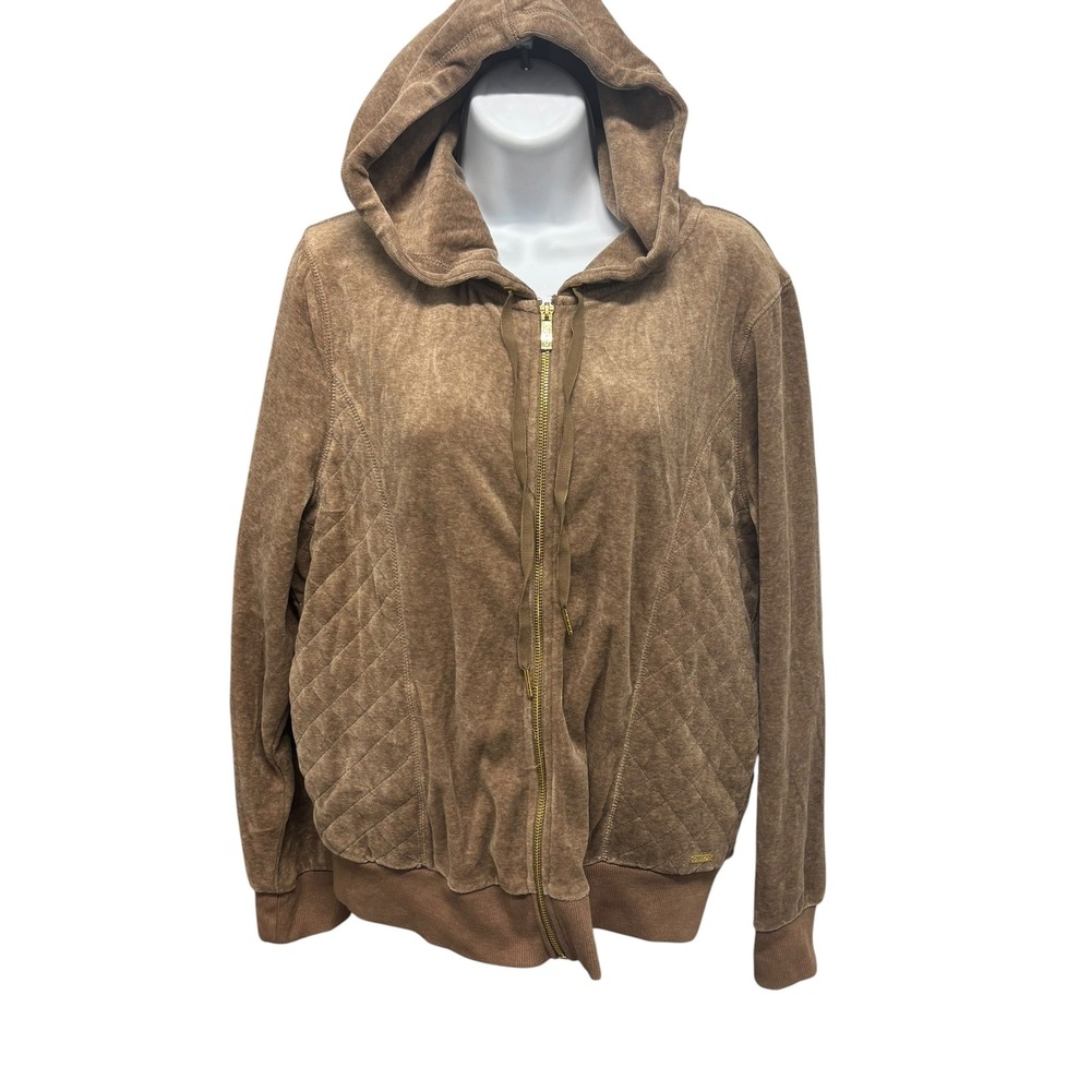 Calvin‎ Klein Womens Morel Heather Brown Velour Quilted Zip Up Hoodie Large NEW